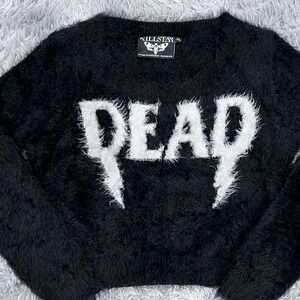 KILLSTAR Black Fuzzy DEAD Graphic Knit Cropped Sweater Goth Grunge Witchy XL